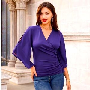 GRACE KARIN Women 3/4 Chiffon Sleeve Dressy Blouse Wrap Elastic Shirt XL